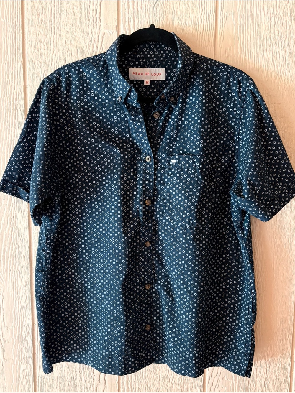 Peau de Loup Floral Button Down Shirt Size 12 Blue Cotton